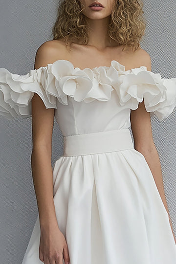 Off The Shoulder A Line White Graduation Dress with Ruffles